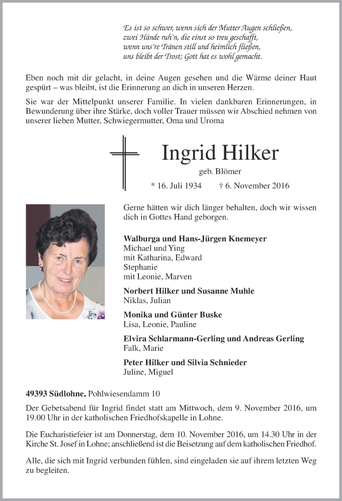 Traueranzeige für Ingrid Hilker vom 08.11.2016 aus OM-Medien
