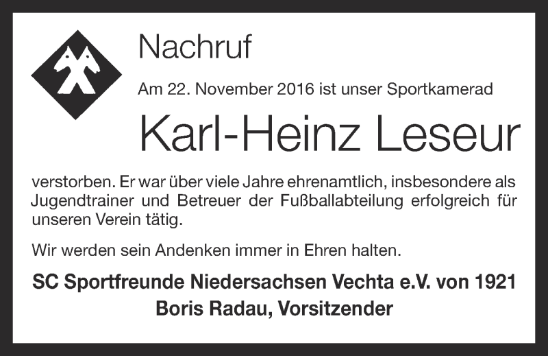  Traueranzeige für Karl-Heinz Leseur vom 28.11.2016 aus OM-Medien