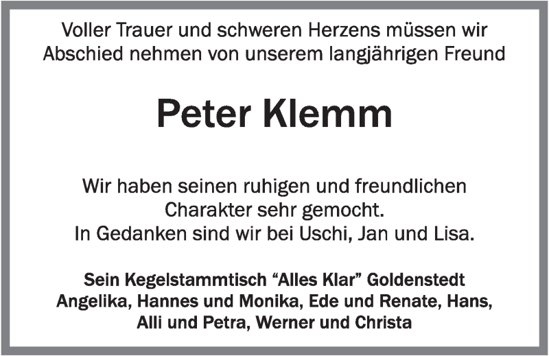  Traueranzeige für Peter Klemm vom 07.11.2016 aus OM-Medien