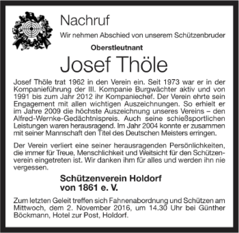  Traueranzeige für Josef Thöle vom 31.10.2016 aus OM-Medien