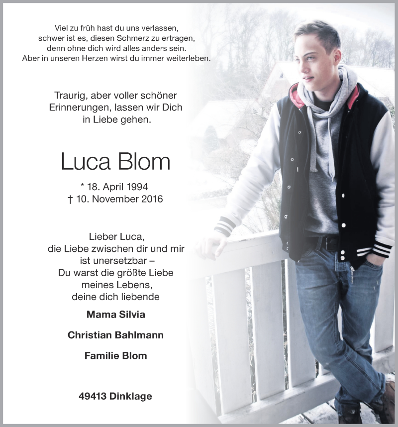  Traueranzeige für Luca Blom vom 14.11.2016 aus OM-Medien