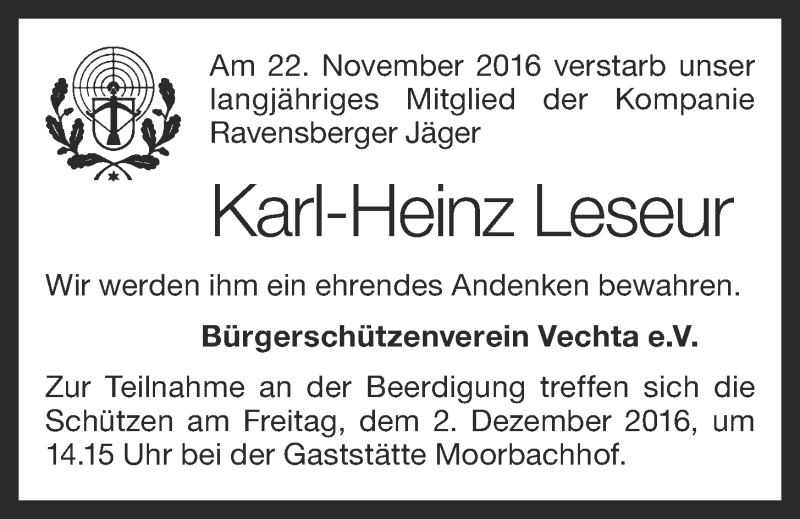  Traueranzeige für Karl-Heinz Leseur vom 29.11.2016 aus OM-Medien