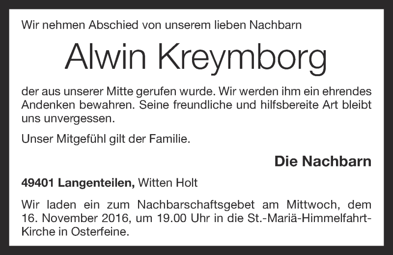  Traueranzeige für Alwin Kreymborg vom 16.11.2016 aus OM-Medien