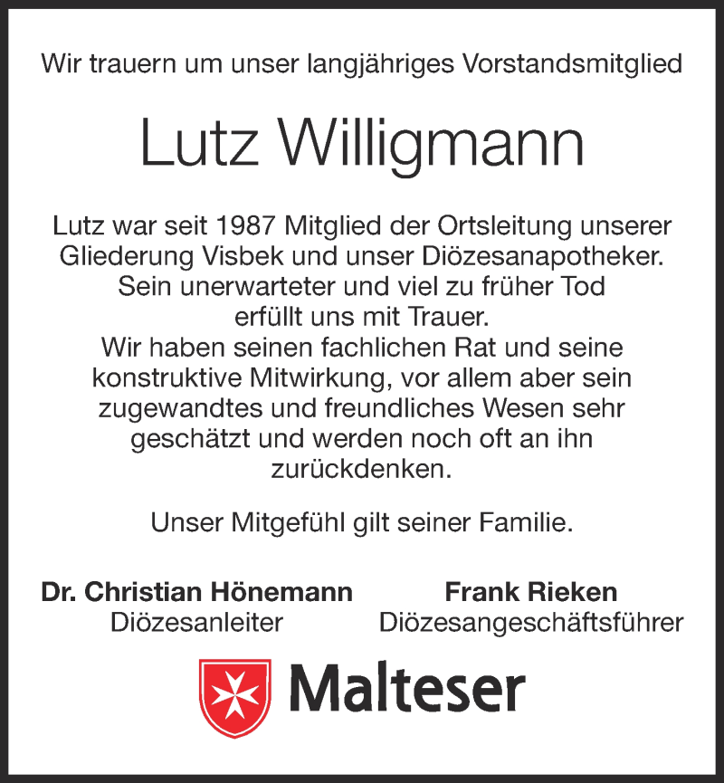  Traueranzeige für Lutz Willigmann vom 07.12.2016 aus OM-Medien