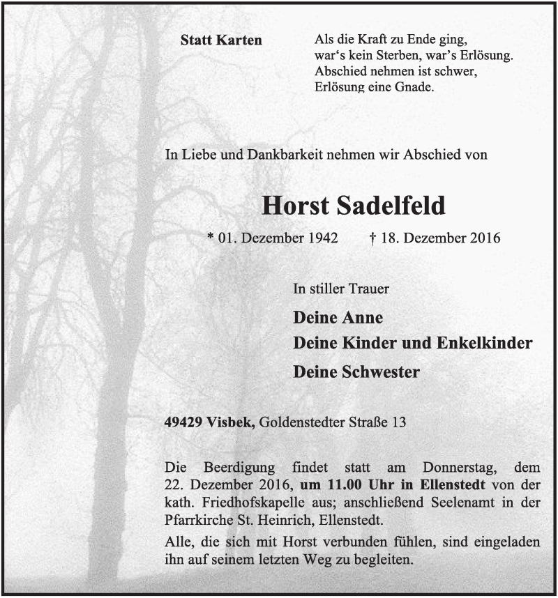  Traueranzeige für Horst Sadelfeld vom 20.12.2016 aus OM-Medien