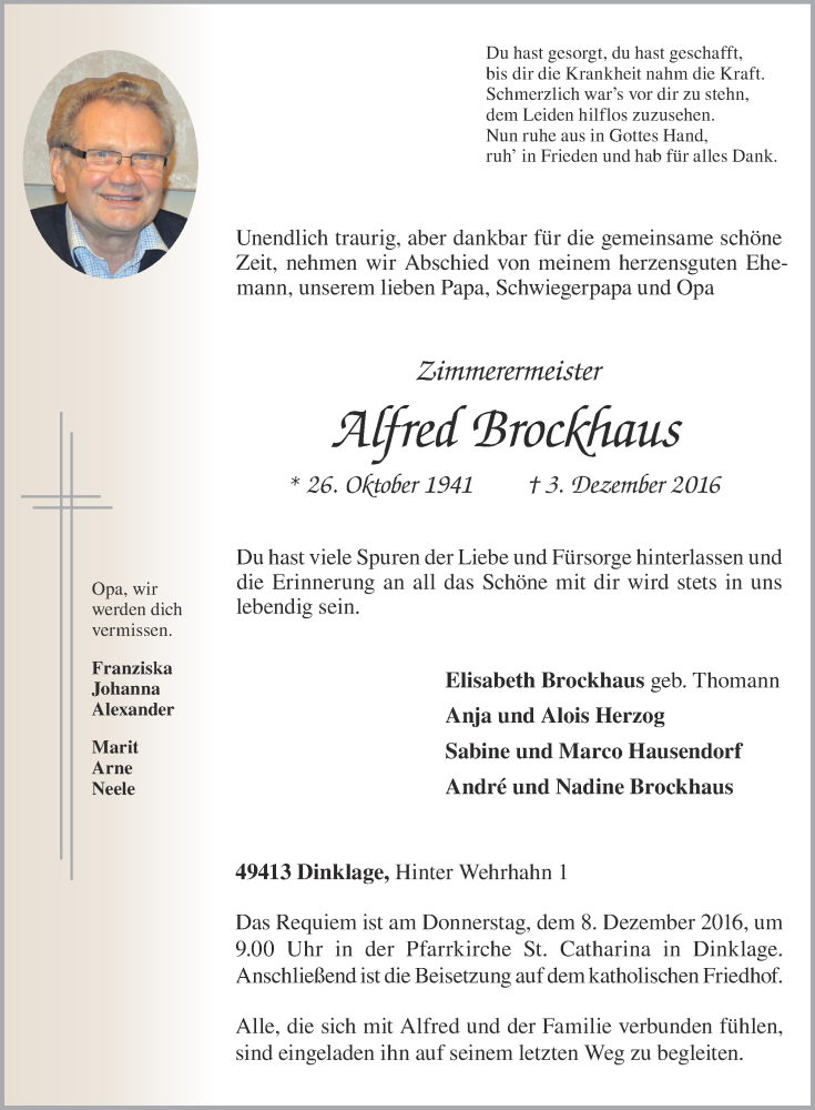  Traueranzeige für Alfred Brockhaus vom 05.12.2016 aus OM-Medien
