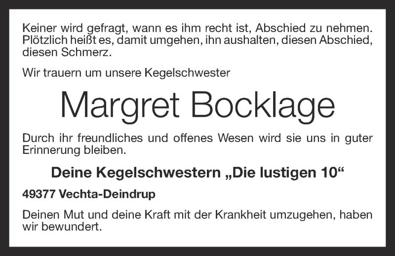  Traueranzeige für Margret Bocklage vom 09.12.2016 aus OM-Medien