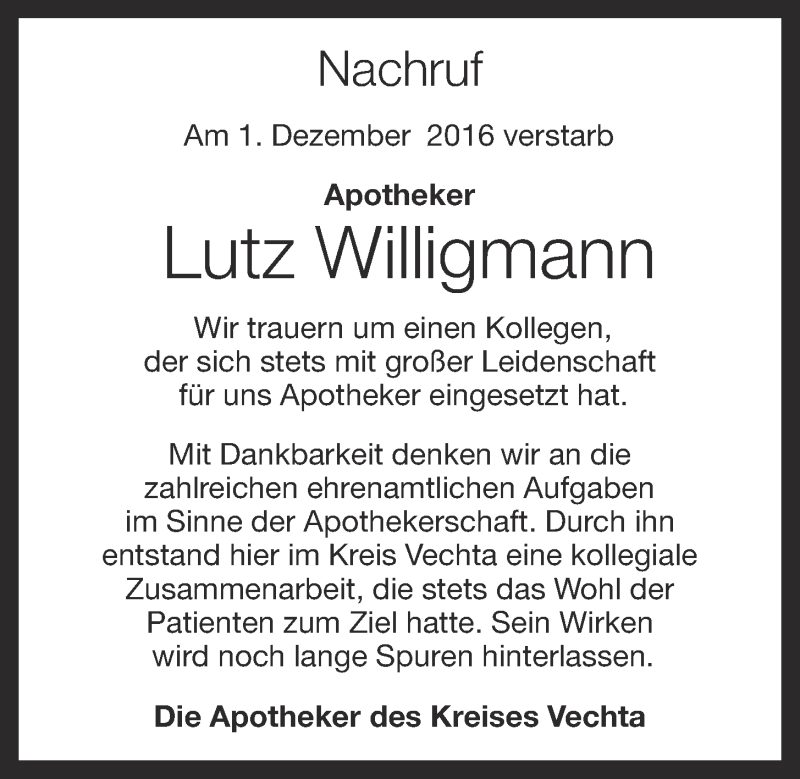  Traueranzeige für Lutz Willigmann vom 06.12.2016 aus OM-Medien