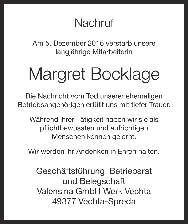  Traueranzeige für Margret Bocklage vom 09.12.2016 aus OM-Medien