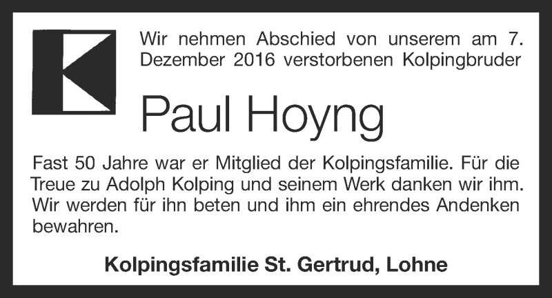  Traueranzeige für Paul Hoyng vom 10.12.2016 aus OM-Medien
