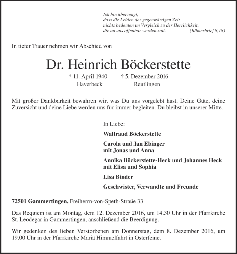  Traueranzeige für Heinrich Böckerstette vom 07.12.2016 aus OM-Medien