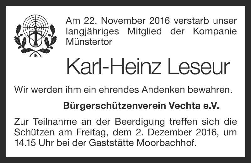  Traueranzeige für Karl-Heinz Leseur vom 01.12.2016 aus OM-Medien