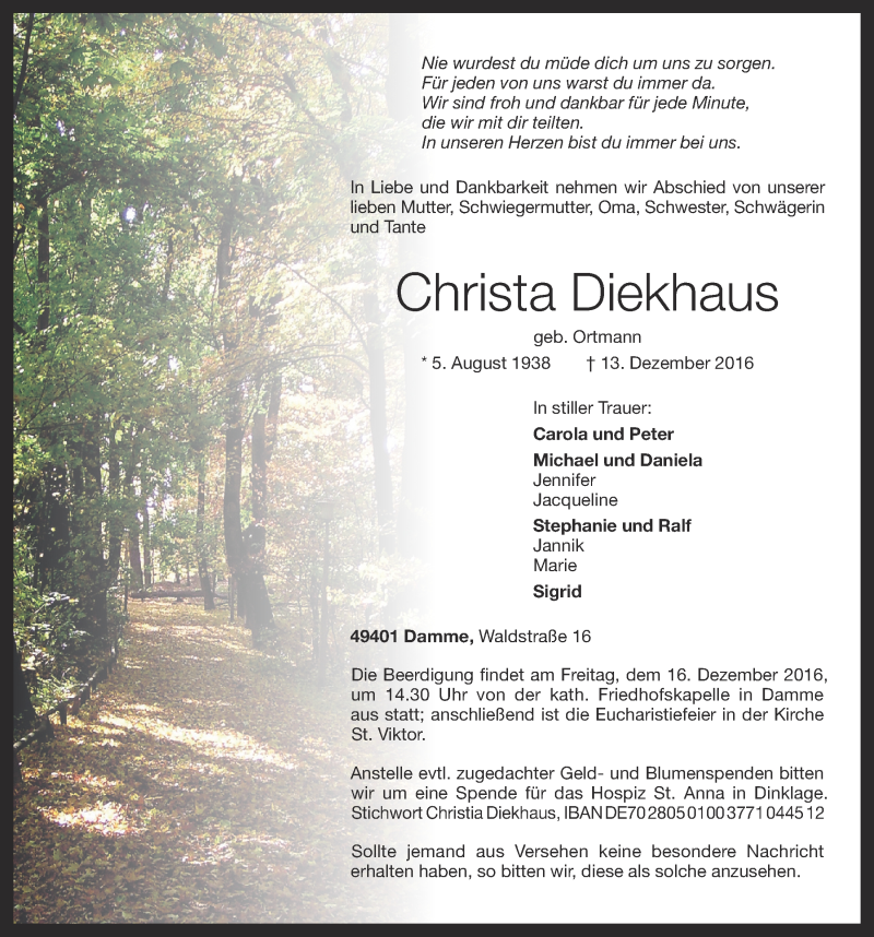  Traueranzeige für Christa Diekhaus vom 14.12.2016 aus OM-Medien
