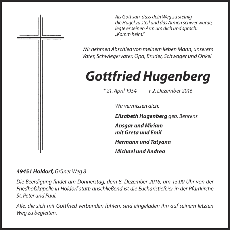  Traueranzeige für Gottfried Hugenberg vom 05.12.2016 aus OM-Medien