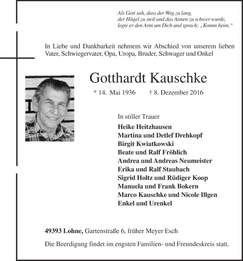  Traueranzeige für Gotthardt Kauschke vom 10.12.2016 aus OM-Medien