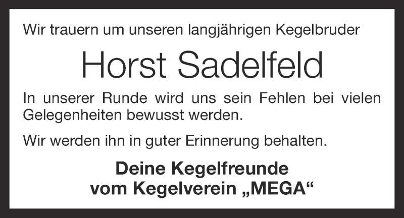  Traueranzeige für Horst Sadelfeld vom 21.12.2016 aus OM-Medien