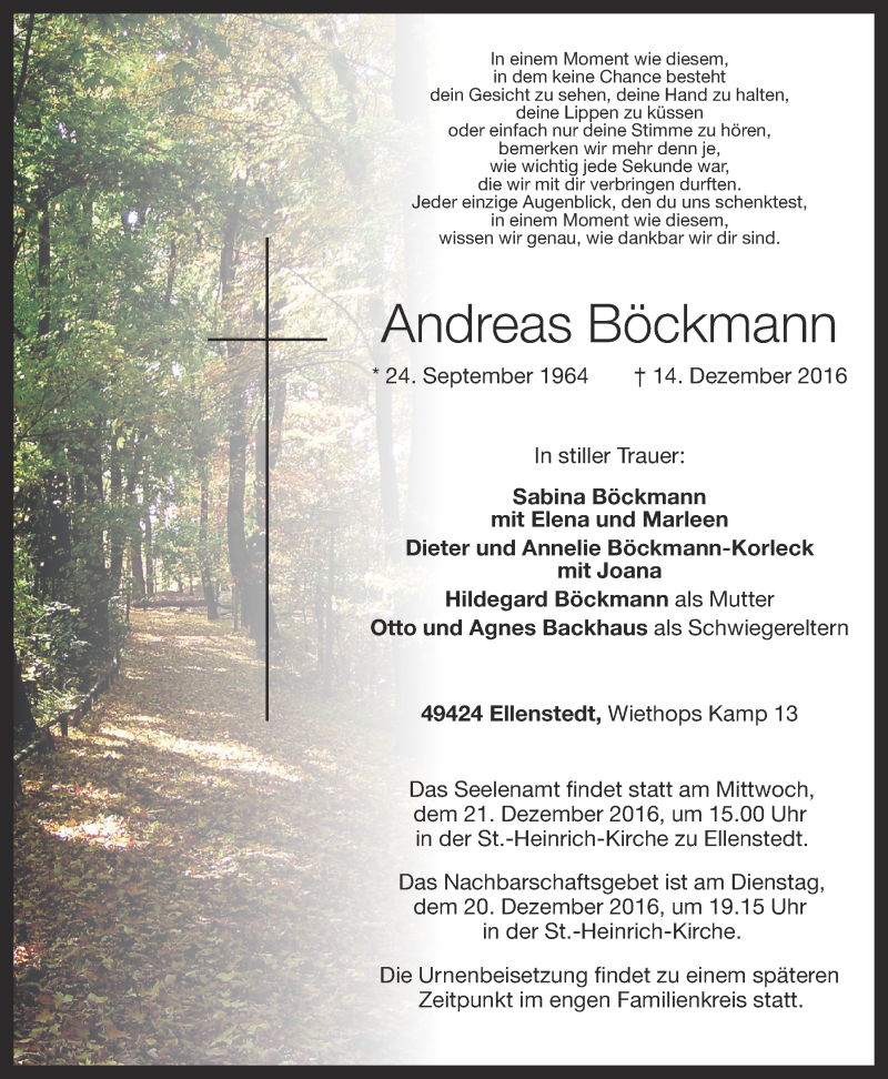  Traueranzeige für Andreas Böckmann vom 17.12.2016 aus OM-Medien