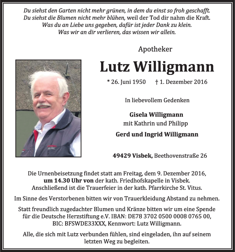  Traueranzeige für Lutz Willigmann vom 05.12.2016 aus OM-Medien