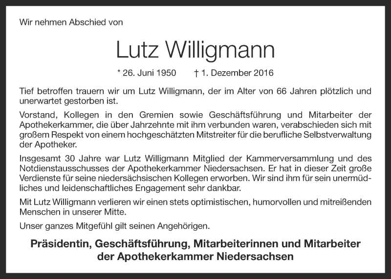  Traueranzeige für Lutz Willigmann vom 06.12.2016 aus OM-Medien
