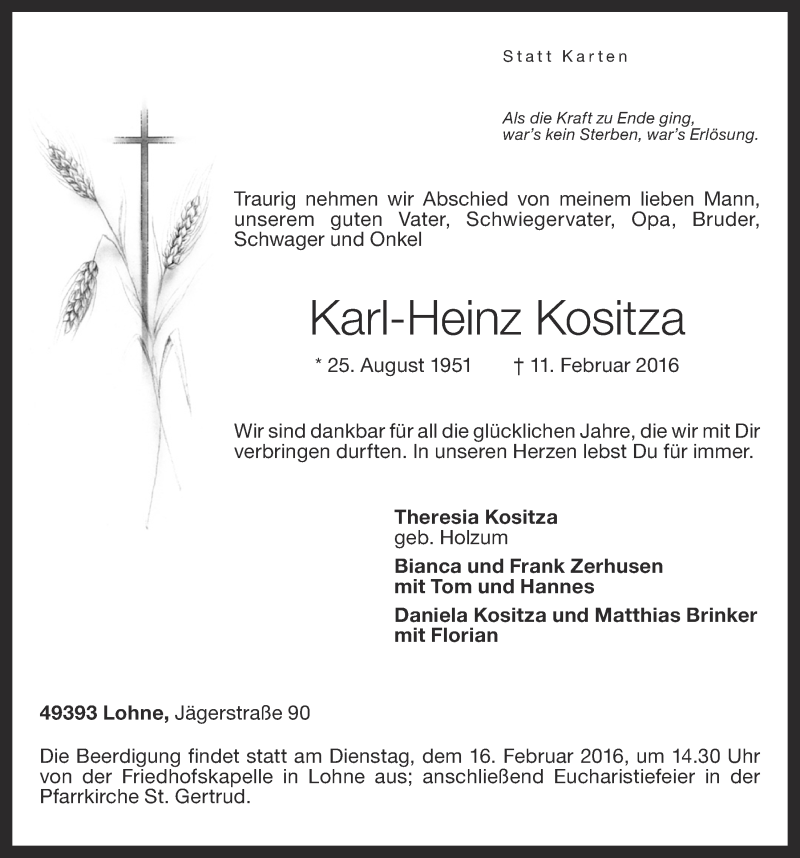  Traueranzeige für Karl-Heinz Kositza vom 13.02.2016 aus OM-Medien