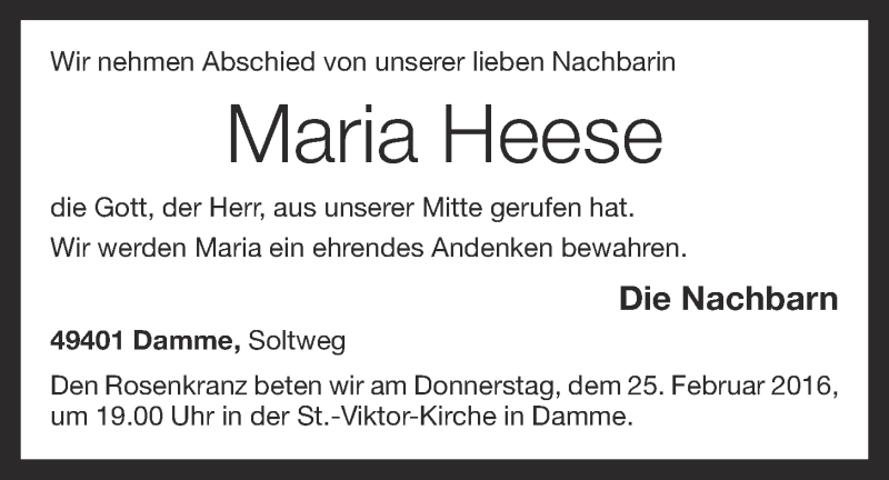  Traueranzeige für Maria Heese vom 25.02.2016 aus OM-Medien