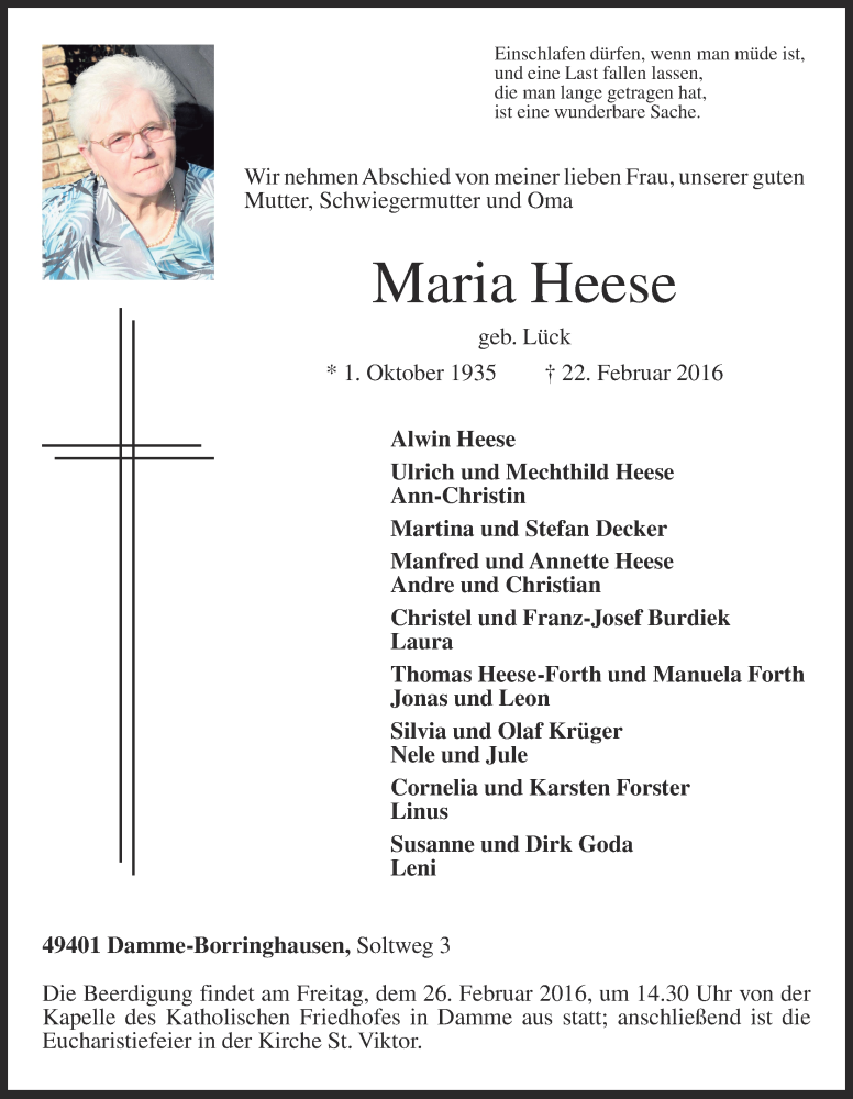  Traueranzeige für Maria Heese vom 24.02.2016 aus OM-Medien