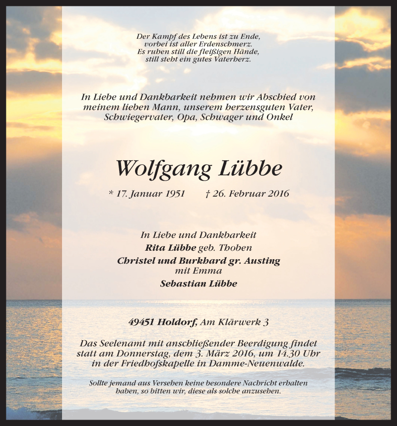  Traueranzeige für Wolfgang Lübbe vom 29.02.2016 aus OM-Medien