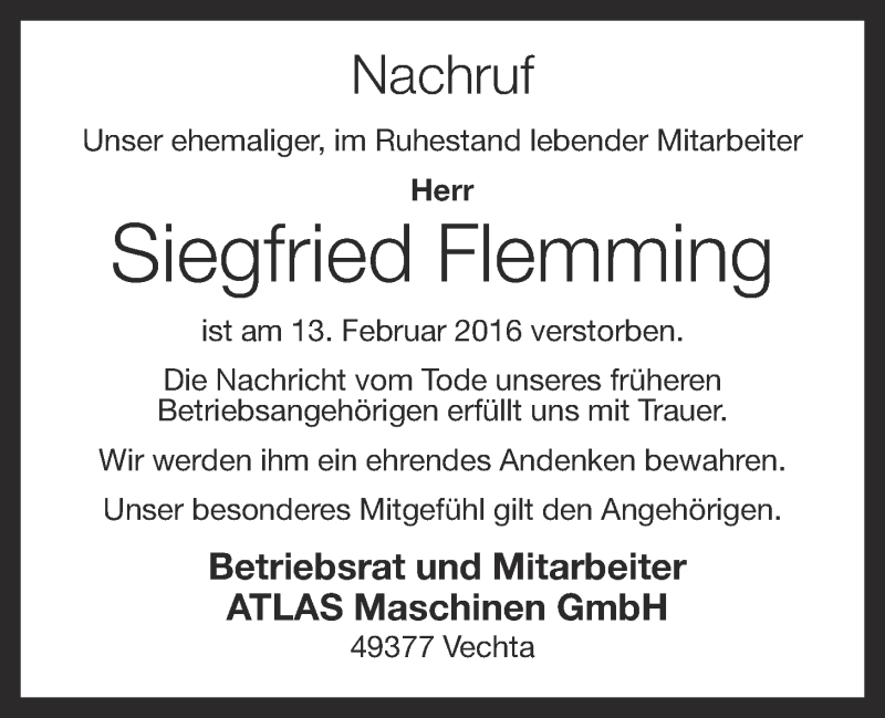  Traueranzeige für Siegfried Flemming vom 25.02.2016 aus OM-Medien