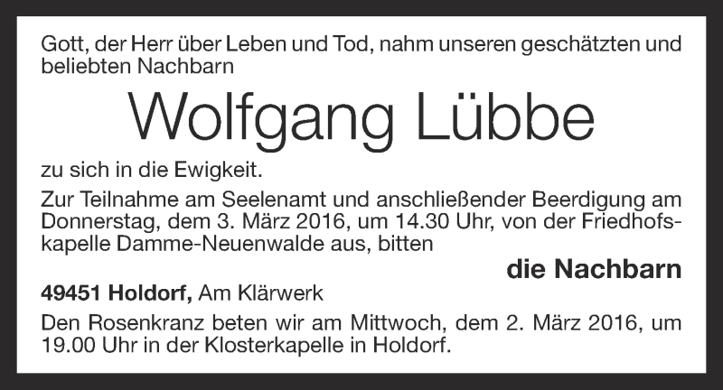  Traueranzeige für Wolfgang Lübbe vom 01.03.2016 aus OM-Medien