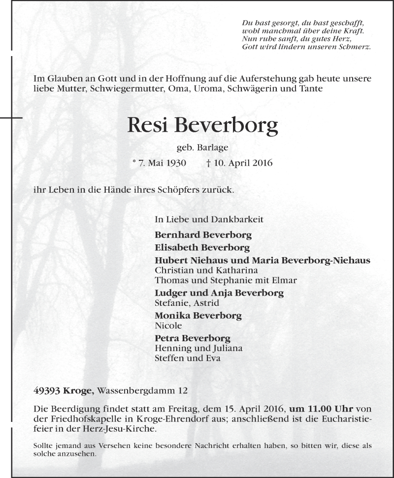 Traueranzeige für Resi Beverborg vom 12.04.2016 aus OM-Medien