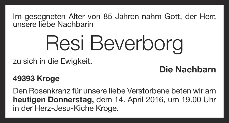  Traueranzeige für Resi Beverborg vom 14.04.2016 aus OM-Medien