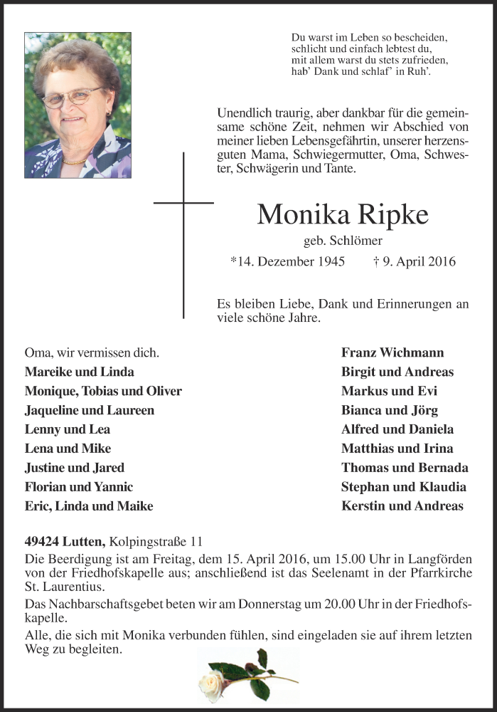  Traueranzeige für Monika Ripke vom 11.04.2016 aus OM-Medien