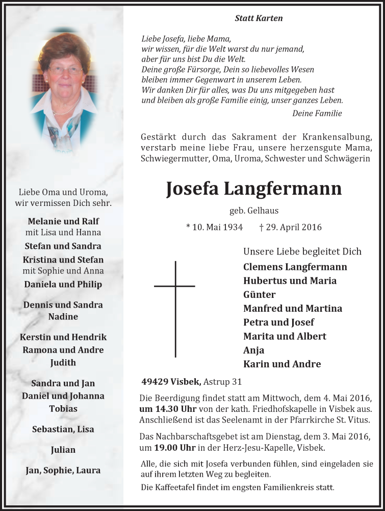  Traueranzeige für Josefa Langfermann vom 02.05.2016 aus OM-Medien