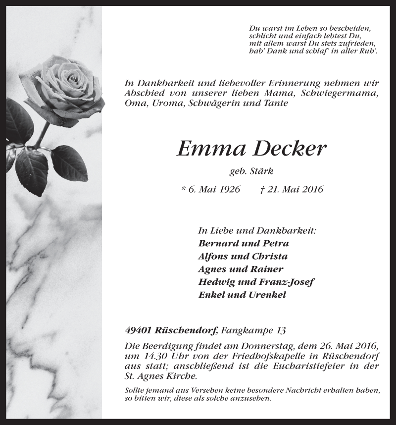  Traueranzeige für Emma Decker vom 23.05.2016 aus OM-Medien