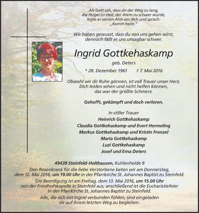  Traueranzeige für Ingrid Gottkehaskamp vom 09.05.2016 aus OM-Medien
