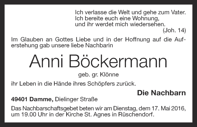  Traueranzeige für Anni Böckermann vom 17.05.2016 aus OM-Medien