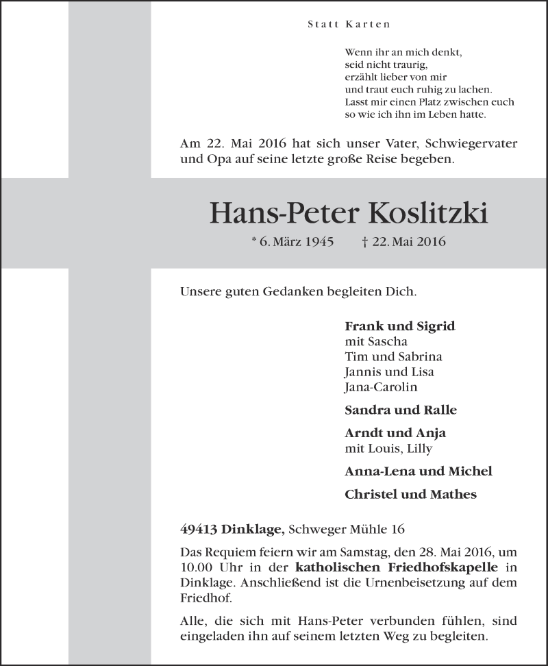  Traueranzeige für Hans-Peter Koslitzki vom 23.05.2016 aus OM-Medien