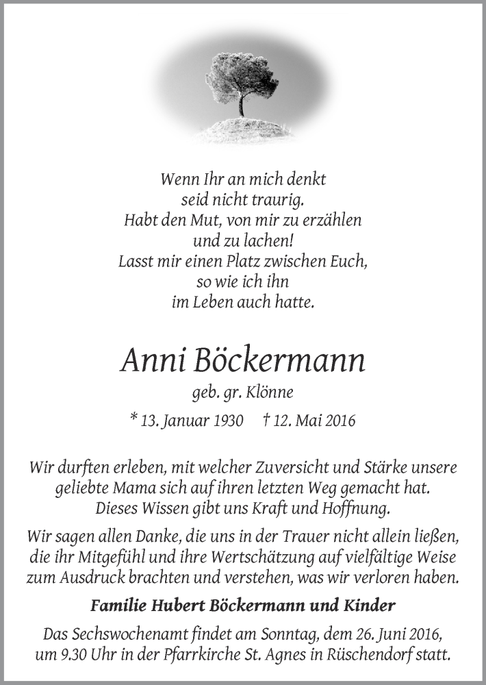  Traueranzeige für Anni Böckermann vom 23.06.2016 aus OM-Medien