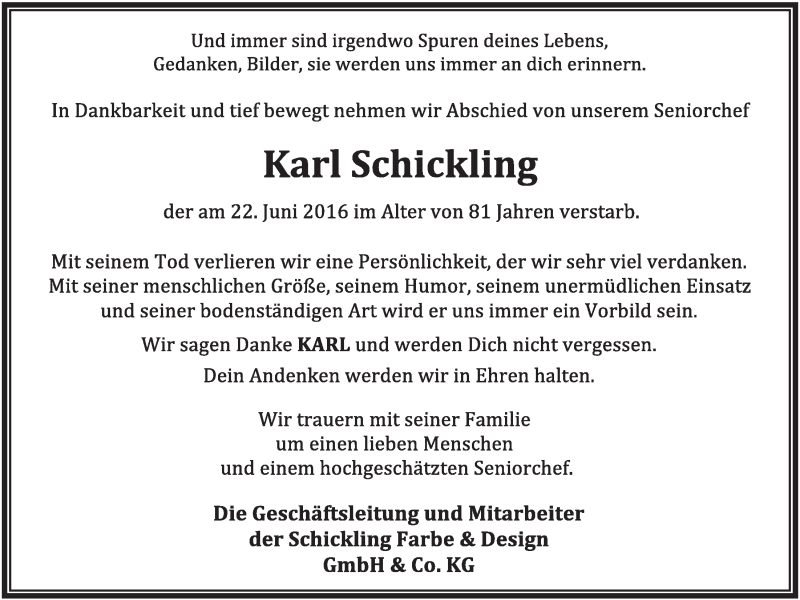  Traueranzeige für Karl Schickling vom 25.06.2016 aus OM-Medien