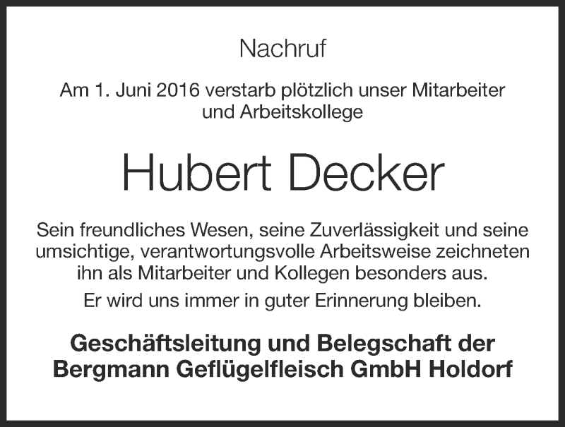  Traueranzeige für Hubert Decker vom 04.06.2016 aus OM-Medien