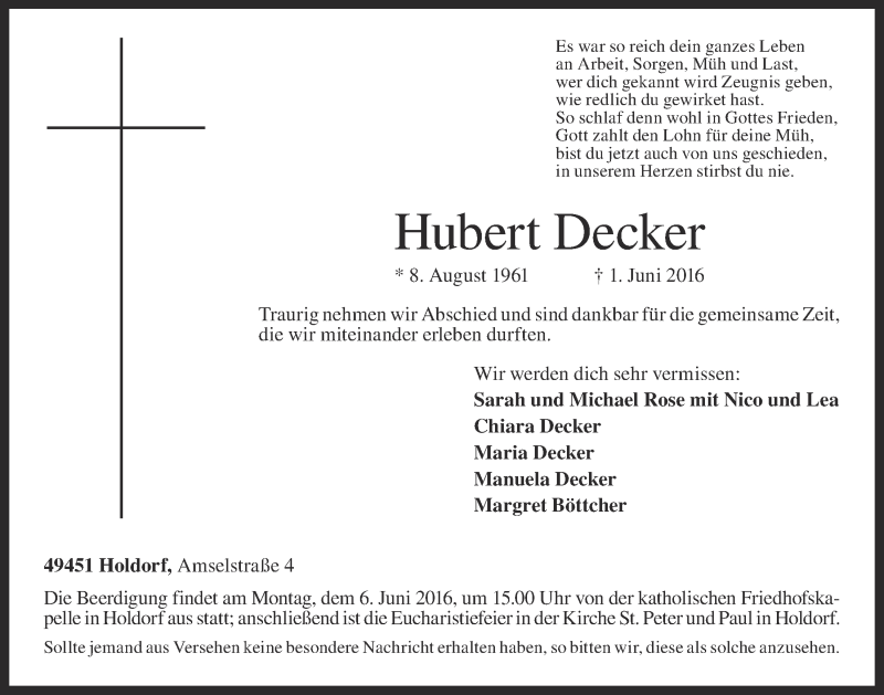  Traueranzeige für Hubert Decker vom 03.06.2016 aus OM-Medien