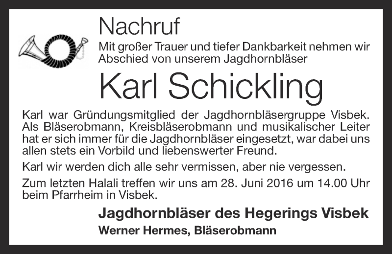  Traueranzeige für Karl Schickling vom 25.06.2016 aus OM-Medien