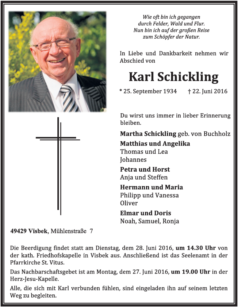  Traueranzeige für Karl Schickling vom 24.06.2016 aus OM-Medien