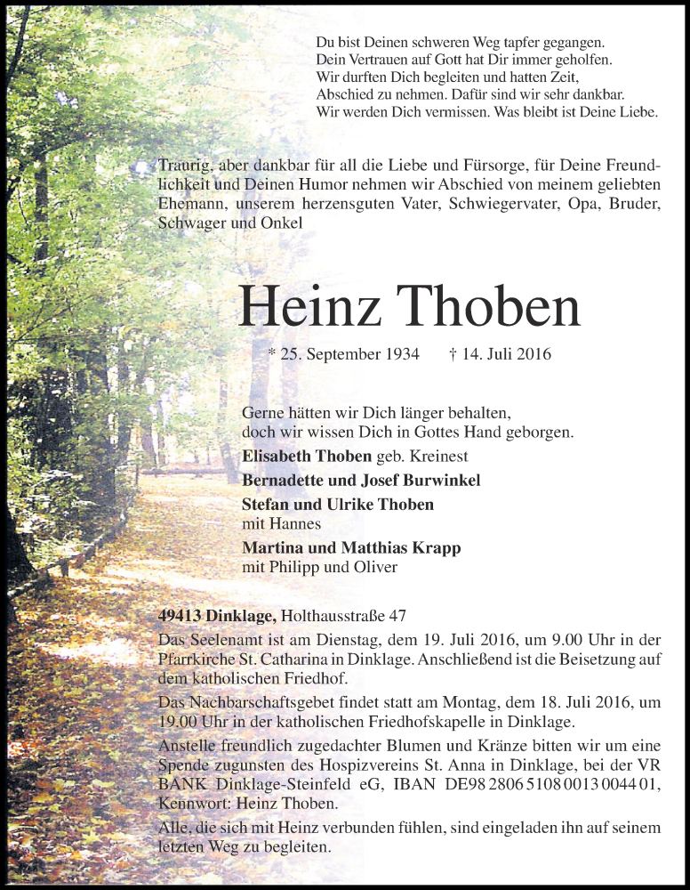  Traueranzeige für Heinz Thoben vom 16.07.2016 aus OM-Medien