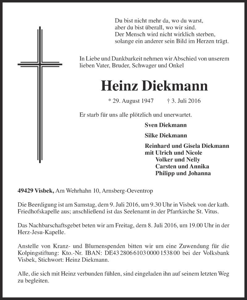  Traueranzeige für Heinz Diekmann vom 06.07.2016 aus OM-Medien