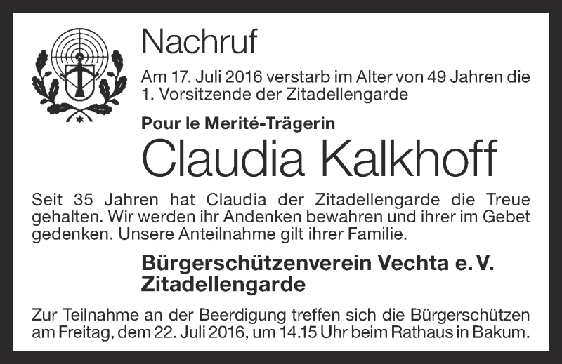  Traueranzeige für Claudia Kalkhoff vom 19.07.2016 aus OM-Medien