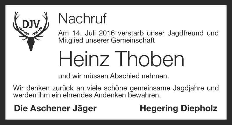  Traueranzeige für Heinz Thoben vom 18.07.2016 aus OM-Medien