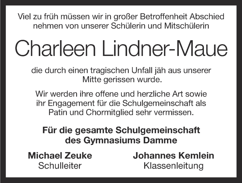  Traueranzeige für Charleen Lindner-Maue vom 18.07.2016 aus OM-Medien