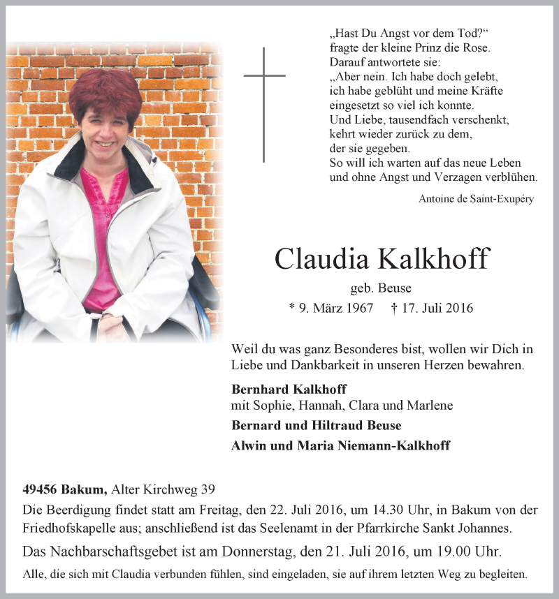  Traueranzeige für Claudia Kalkhoff vom 18.07.2016 aus OM-Medien