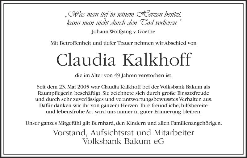  Traueranzeige für Claudia Kalkhoff vom 20.07.2016 aus OM-Medien